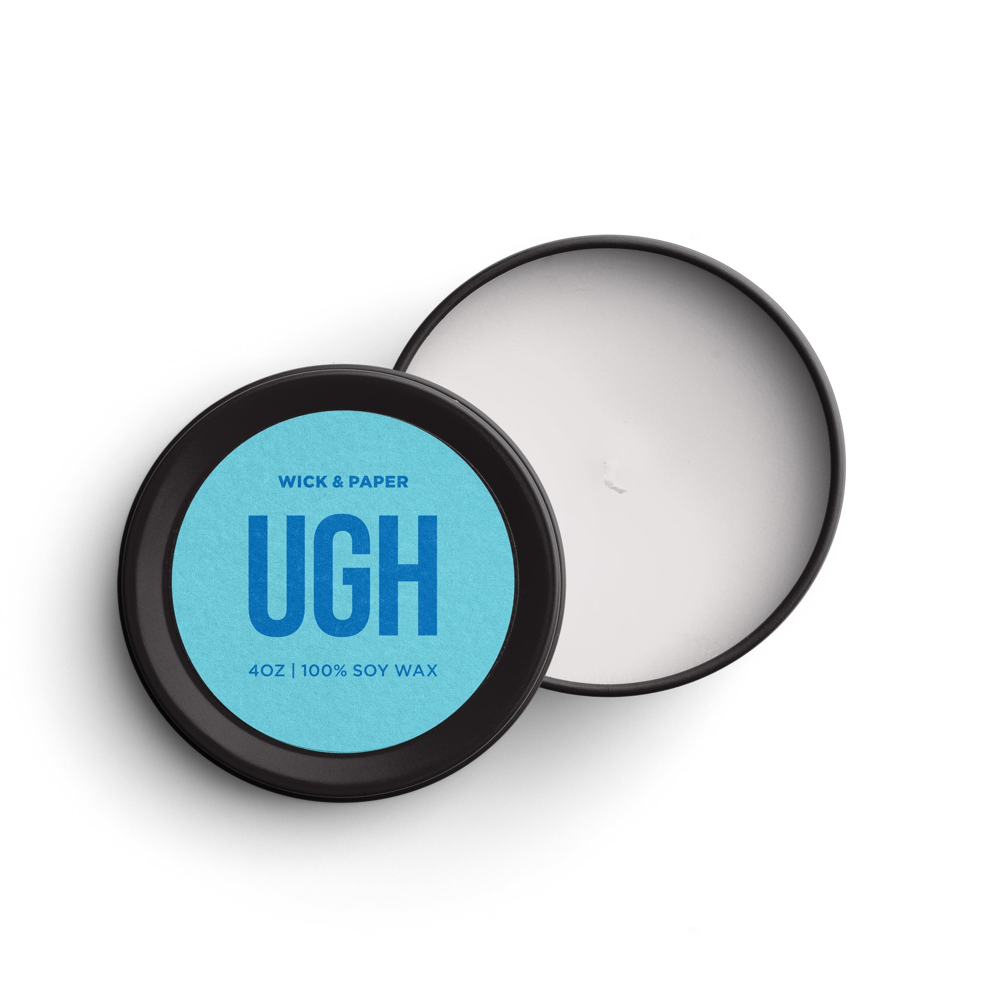 4 oz soy wax candle with “UGH” design and blue label, by Wick and Paper.