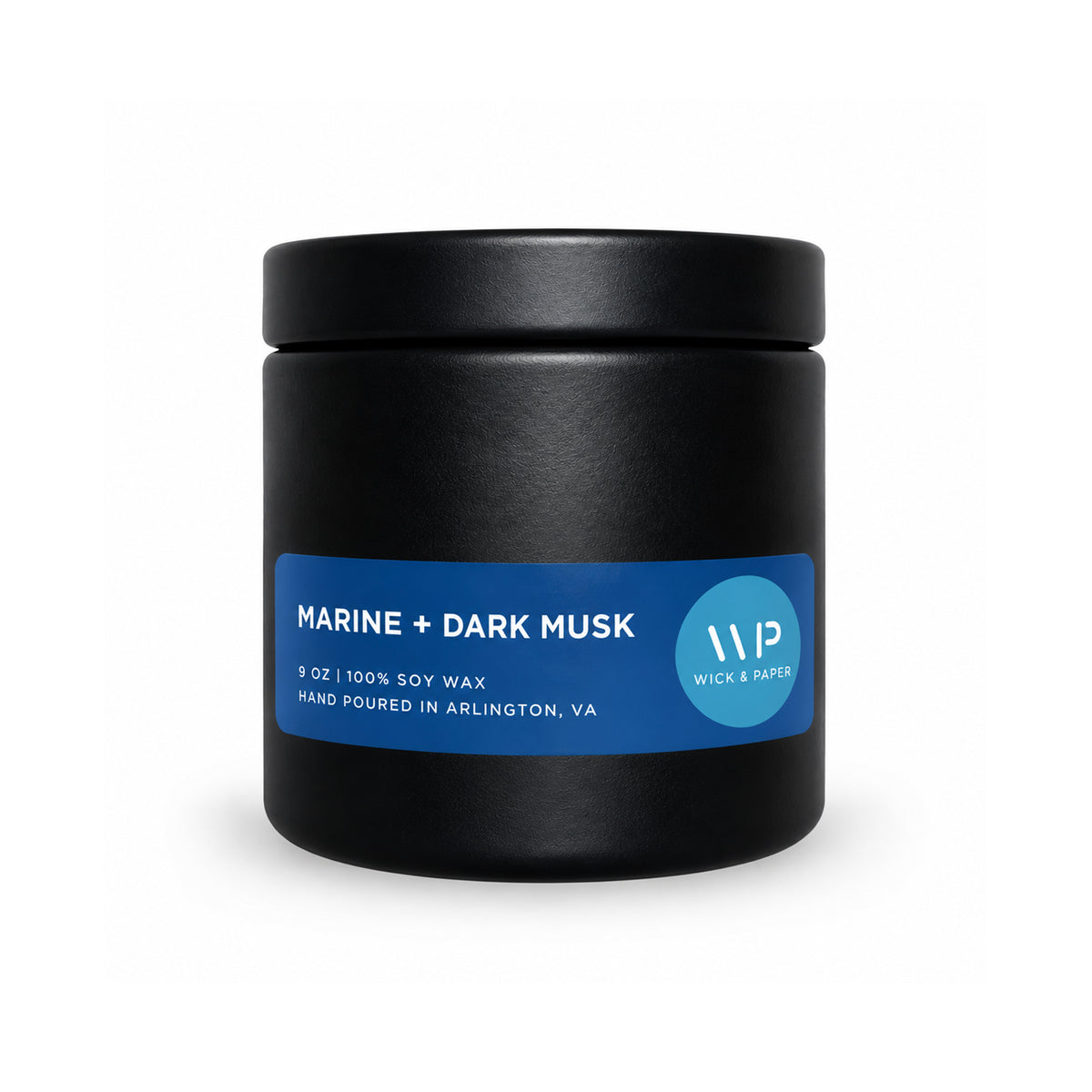 Marine and Dark Musk 9 oz soy candle in a black tin by Wick & Paper